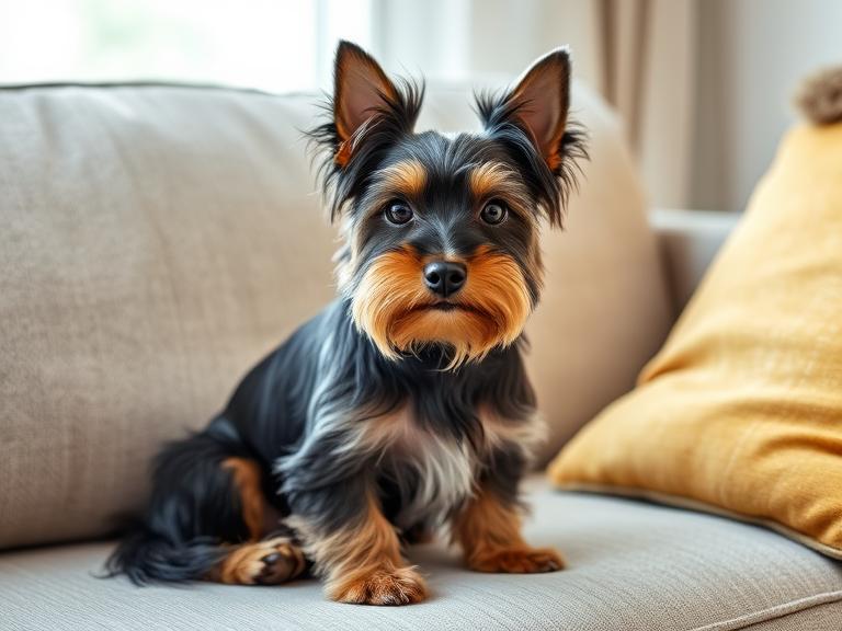 Small Biewer Terrier sitting indoors with silky long coat