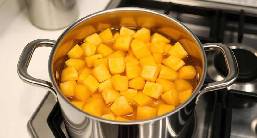 Sweet potatoes boiling in a pot.