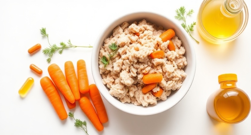 Homemade dog food with allergy-friendly ingredients like turkey, rice, and fish oil.