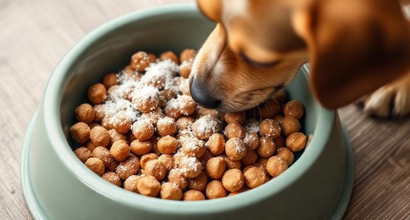 Diatomaceous Earth Food Grade for Dogs mixed into meal for natural internal parasite control and deworming.