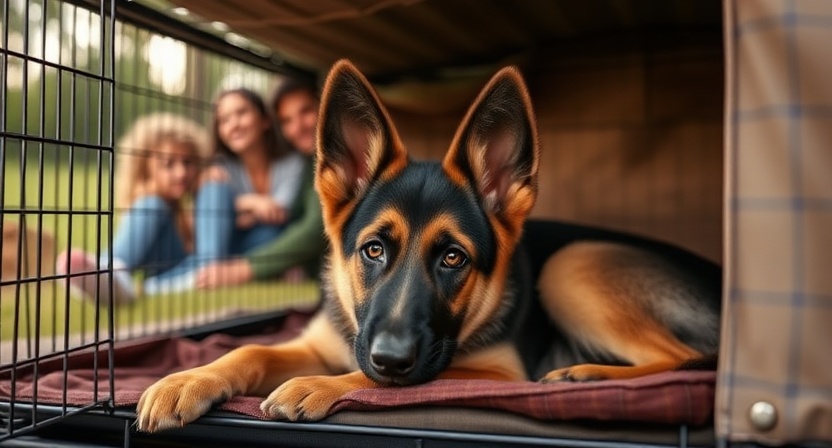 6-month-old German Shepherd relaxing in a crate during training schedule.