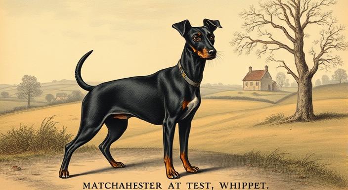 Historic illustration of Manchester Terrier in England, showing origins as a ratting dog