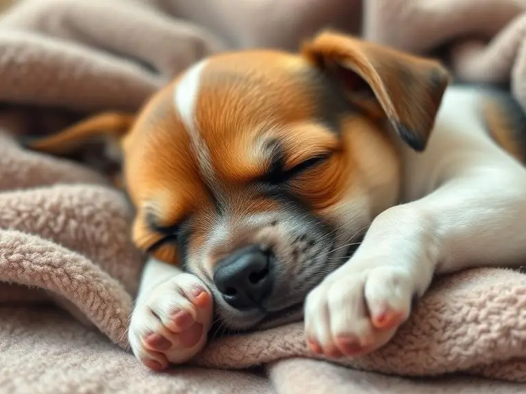 Small dog sleeping peacefully on its side, paws stretched forward, cozy blanket, calm expression.