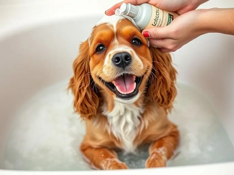 Cocker Spaniel being bathed with dog shampoo in a bathtub.
