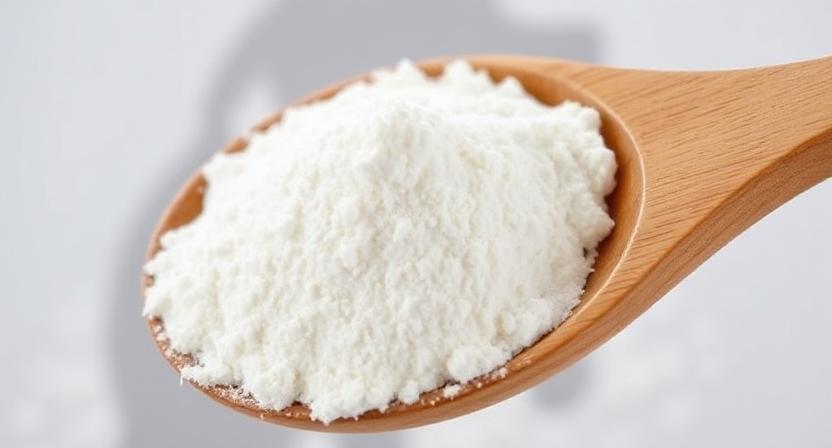 Close-up of Diatomaceous Earth Food Grade for Dogs powder in wooden spoon, natural supplement for pet health.