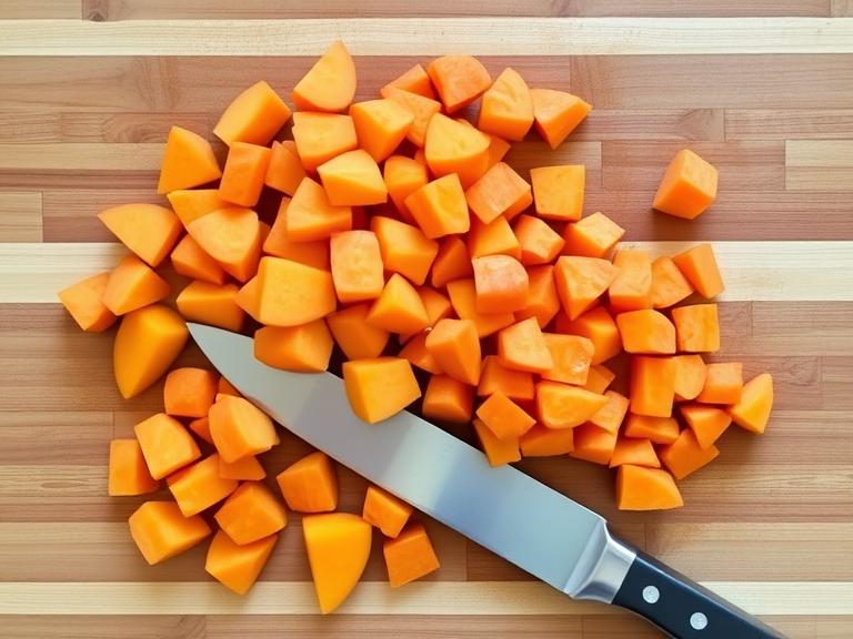 Chopped sweet potatoes and carrots on a wooden cutting