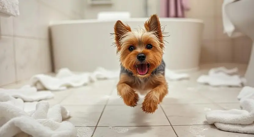 Small dog going crazy and zooming around bathroom after bath showing post-bath energy release behavior