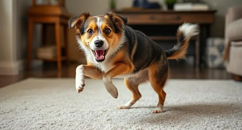 Dog acting crazy after taking a bath with jumping and play bow behavior showing typical zoomies response