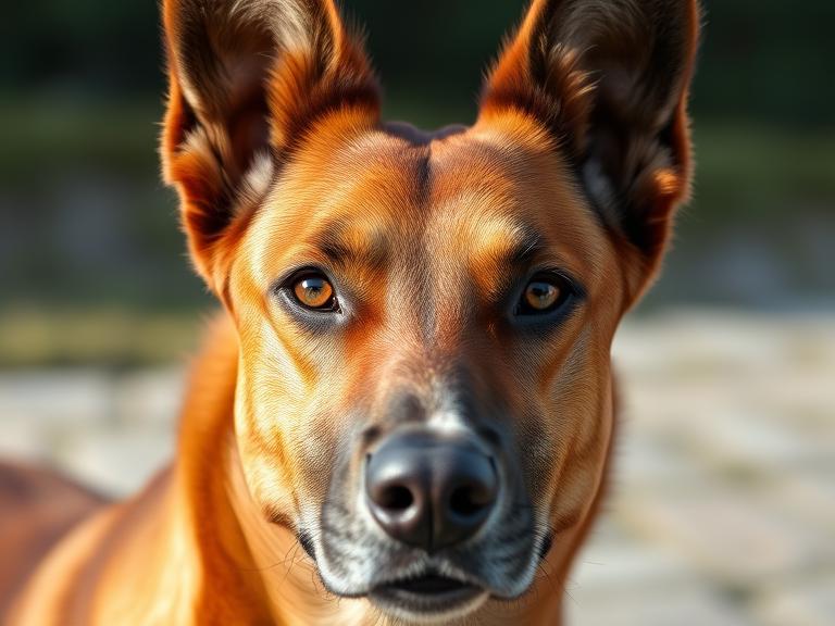 Close-up of Cirneco dell’Etna with tall ears and smooth reddish coat