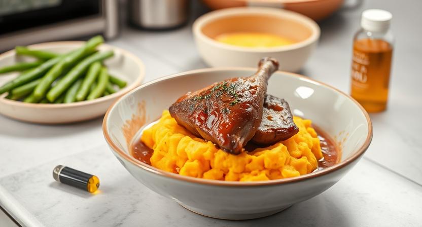 Homemade duck and sweet potato recipe for dogs with skin allergies.