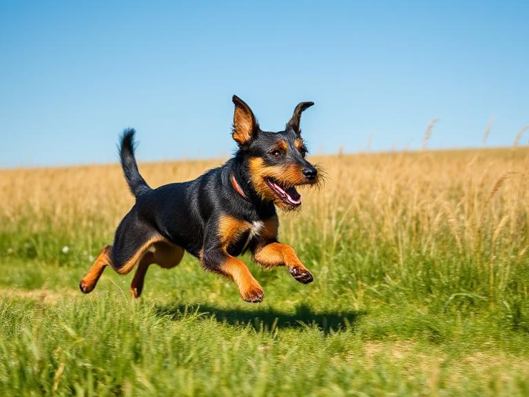 Jagdterrier running energetically through a grassy field