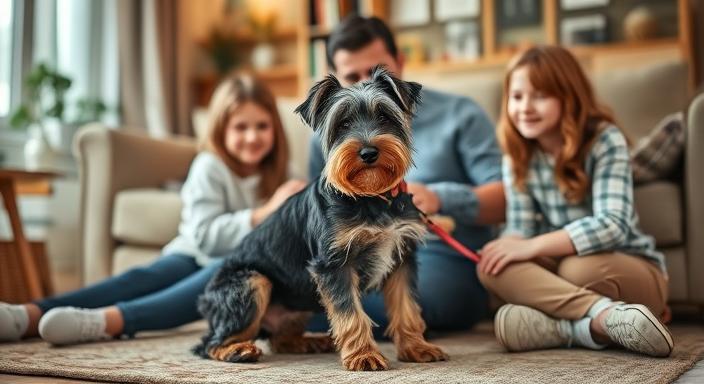 Lakeland Terrier relaxing with family indoors, showing suitability as a family pet.