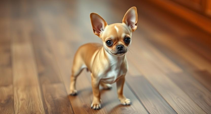 A tiny but bold Chihuahua standing confidently on a wooden floor, with big alert eyes and large ears. The dog looks loyal and protective despite its small size. Smooth short coat, small body, portable and cute appearance. Realistic, high detail, natural lighting, photorealistic style.