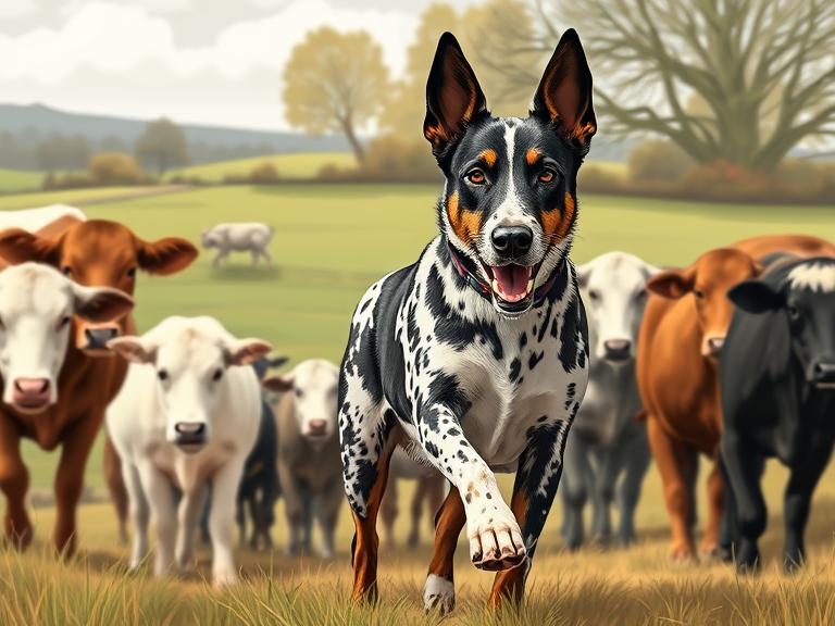 Lancashire Heeler herding cattle on an English farm, showing breed’s origin.