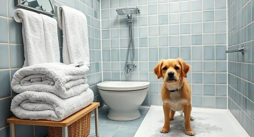 Stress-free bath time setup with towels and safe space preparation for managing dog zoomies effectively