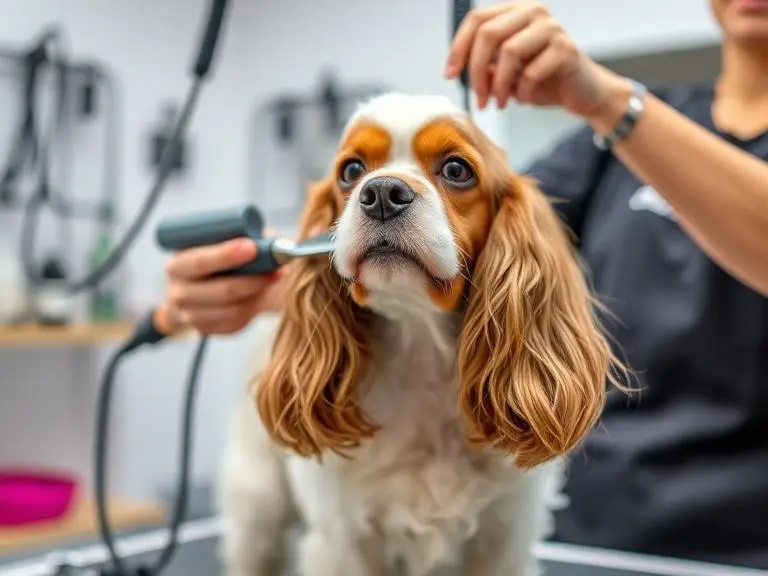 "Professional groomer trimming and drying a Cocker Spaniel."
