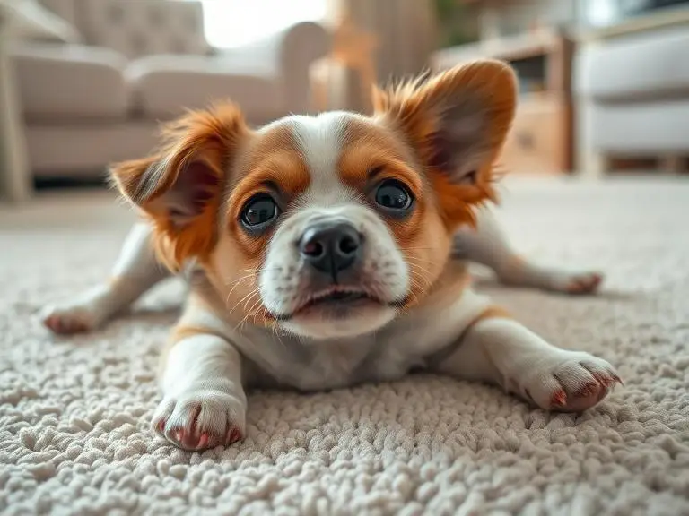 A small dog lying flat on its belly with back legs stretched out behind, playful expression, cozy living room with soft rug.