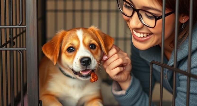 Owner rewarding puppy with treats for calm crate behavior.