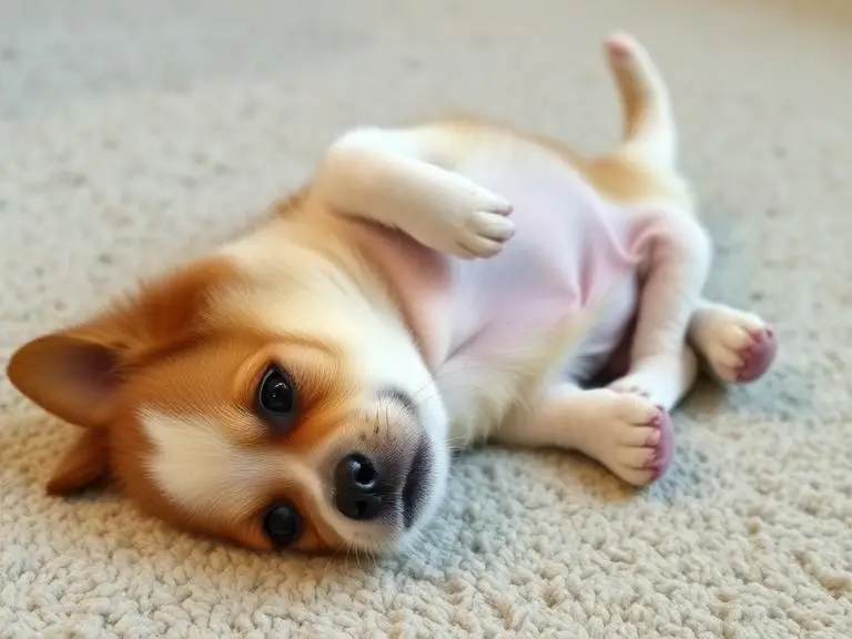 A small dog lying half belly-up and half on its side in a twisted funny position, silly and adorable, soft rug under them.