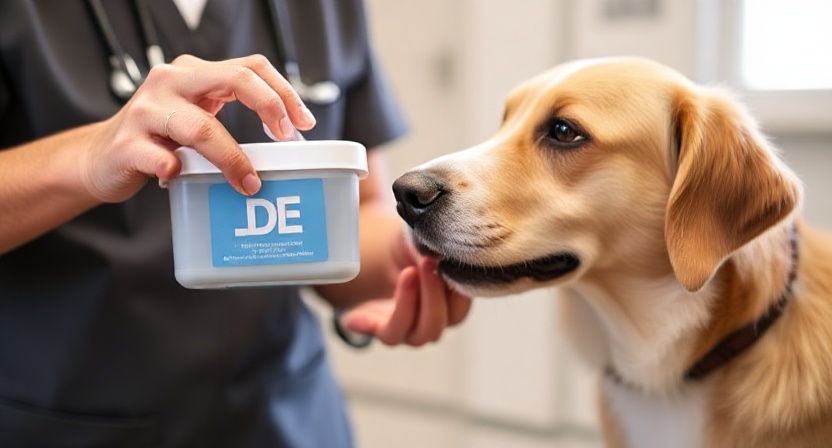 Veterinarian demonstrating safe use of Diatomaceous Earth Food Grade for Dogs and checking dosage.
