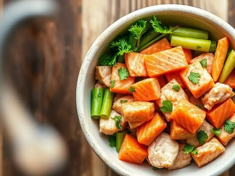Nutritious dog food with salmon, chicken, and vegetables for coat health