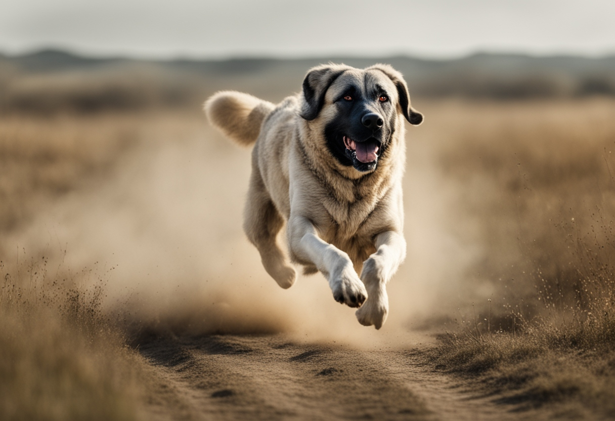 Kangal Shepherd running freely in wide open countryside fields