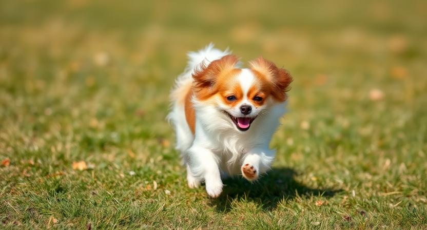 Japanese Chin running outdoors, showing playful yet moderate activity needs.