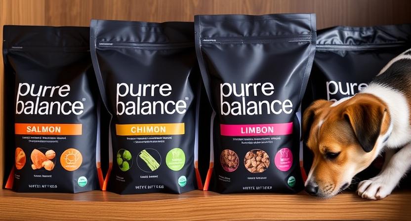 Variety of Pure Balance dog food flavors including salmon, lamb, and chicken.