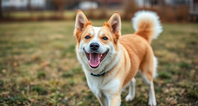 A happy, energetic dog outdoors in a field or yard, looking healthy.