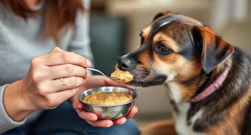 Dog eating soft moist food after tooth extraction to aid recovery.