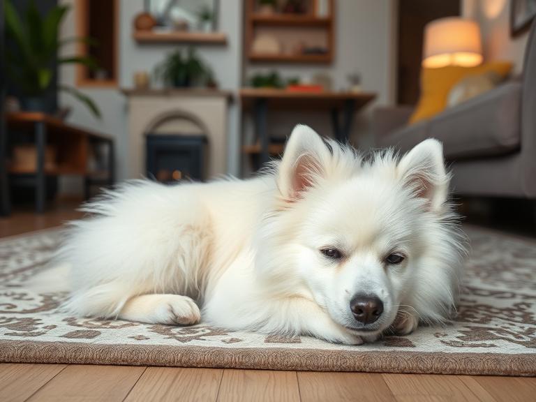 Miniature American Eskimo Dog relaxing indoors in an apartment.