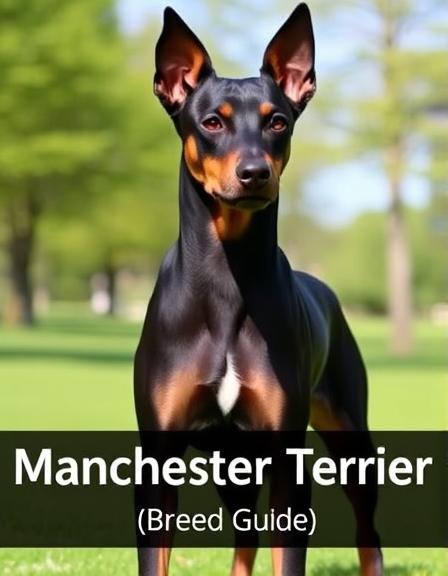 Manchester Terrier (Standard) standing in a park with shiny black-and-tan coat, representing breed guide header image.