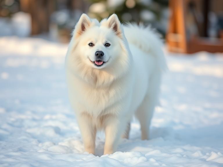 Fluffy white American Eskimo Dog standing outdoors with alert expression.