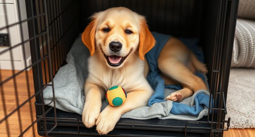 Happy puppy relaxing in crate with favorite toy and owner’s scent.