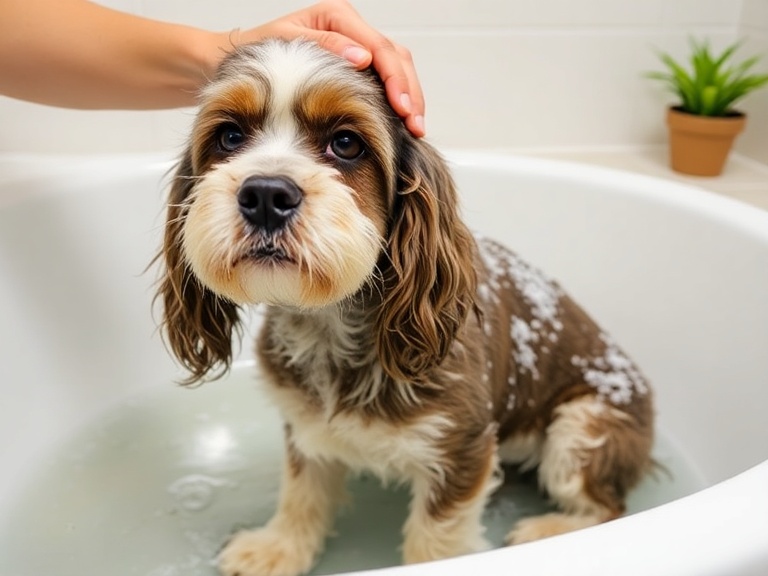 Cocker Spaniel being bathed 
