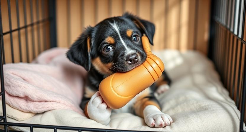 Puppy enjoying frozen Kong inside crate as part of 3-day crate training.