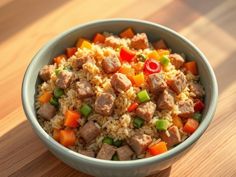 A serving bowl filled with homemade diabetic dog food