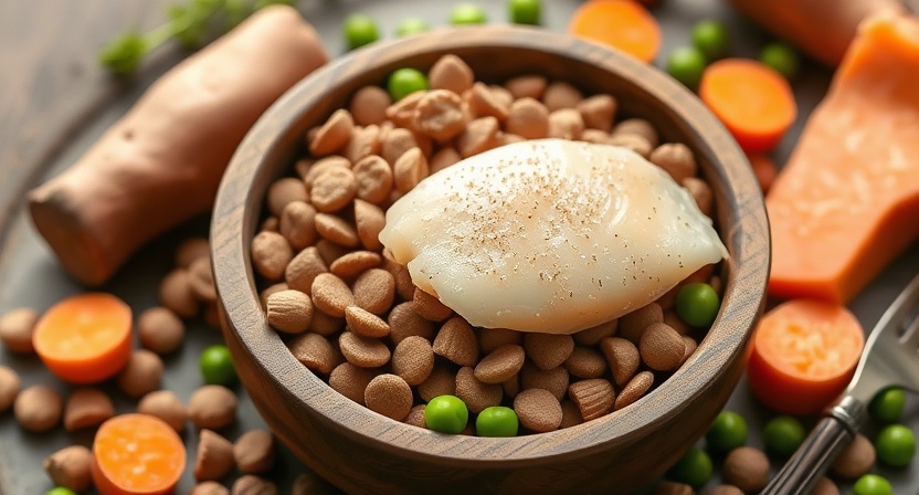 Pure Balance grain-free dog food with natural ingredients like trout and sweet potatoes