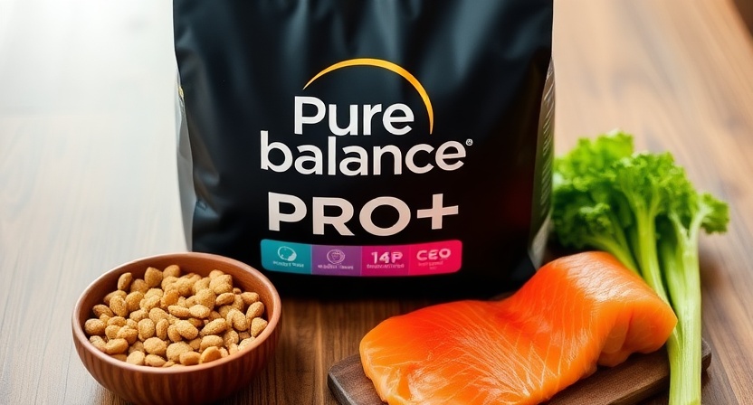 Pure Balance Pro+ dog food with natural protein ingredients like salmon and chicken.