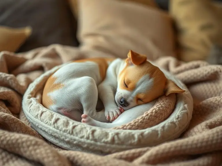 A tiny dog curled into a perfect ball while sleeping, cozy blanket and cushions around, warm lighting.