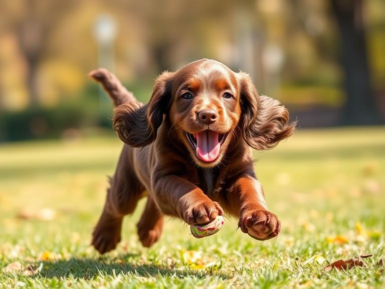 Playful Chocolate Cocker Spaniel puppy running with a toy in the park