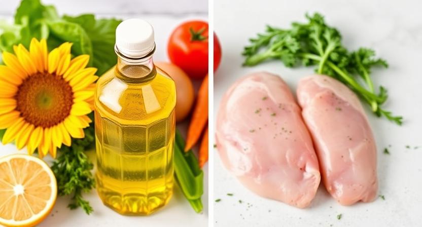 Image: Healthy oils vs fatty meats comparison (show sunflower oil and avoid greasy meats).