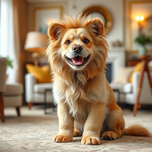 Löwchen dog in lion trim sitting indoors, showcasing fluffy mane and cheerful expression