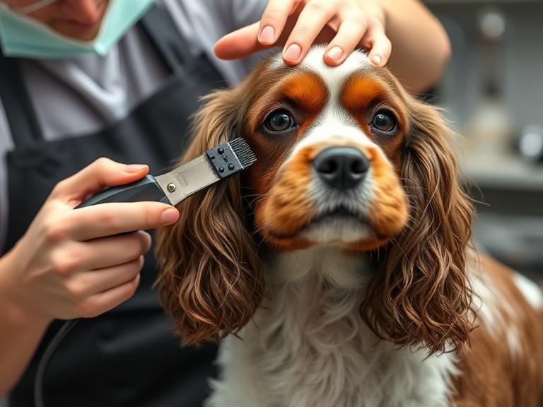 Professional groomer trimming and brushing a Cocker 