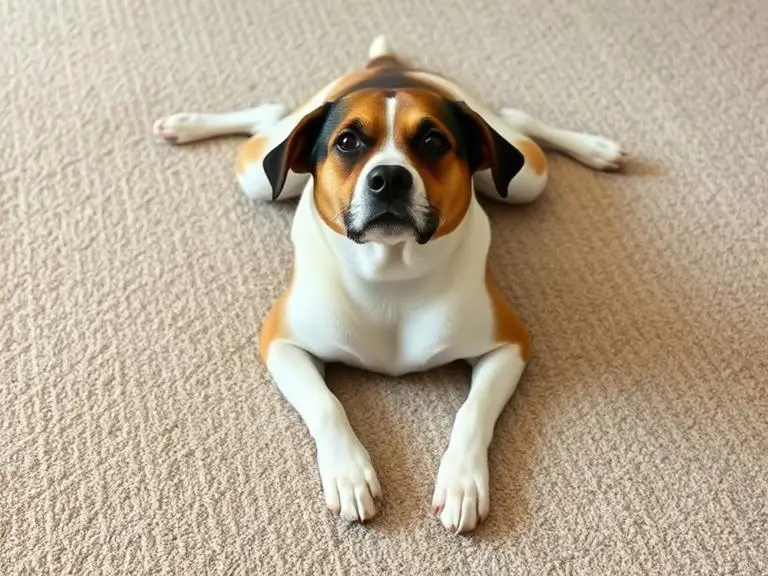A dog lying flat on its tummy with front legs stretched forward and back legs stretched behind, superhero-like pose on a carpet