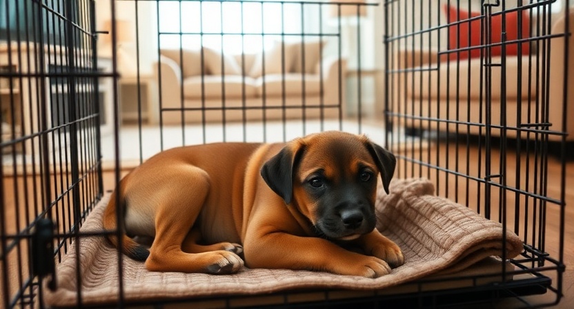 5-month-old puppy resting in crate with divider panel for training schedule.