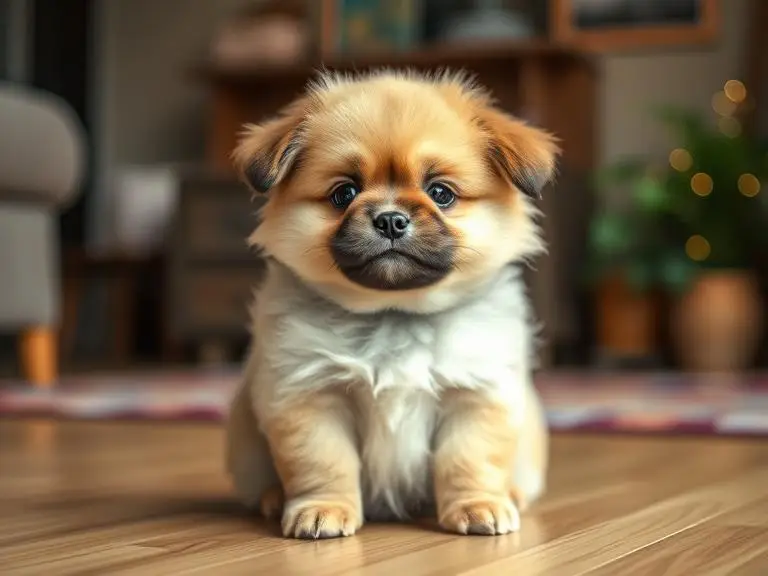 "A fluffy small dog sitting upright with legs tucked under, resembling a loaf of bread, warm cozy home background