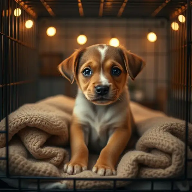 Puppy sitting in a crate at night with blanket, looking worried.