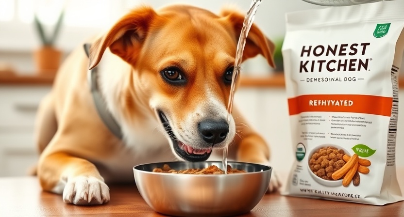 Dog eating Honest Kitchen dehydrated dog food with water added for hydration