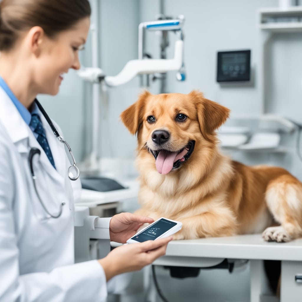 A happy dog owner sitting in a vet clinic showing her phone screen to a smiling veterinarian